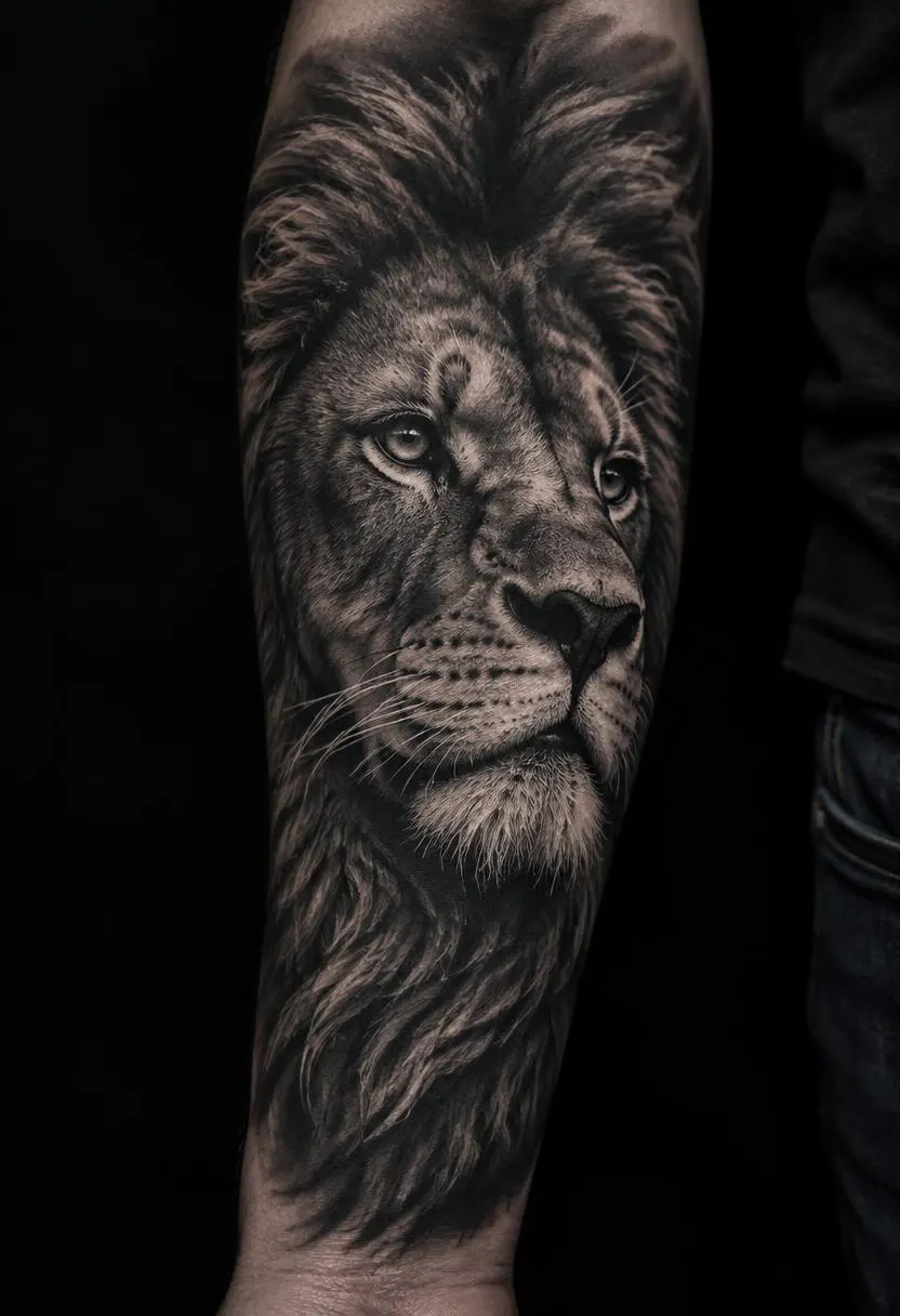 Black and grey realistic lion forearm tattoo