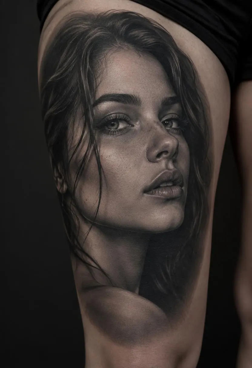 Black and grey realism portrait tattoo on thigh