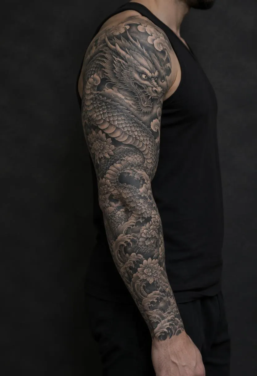 Black and grey Japanese dragon full sleeve tattoo