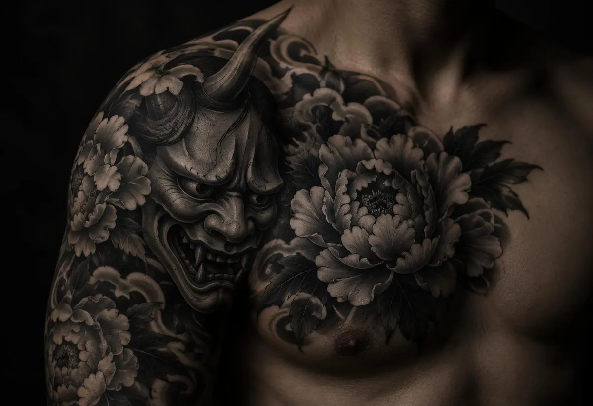 Japanese hannya mask and peony chest and shoulder tattoo