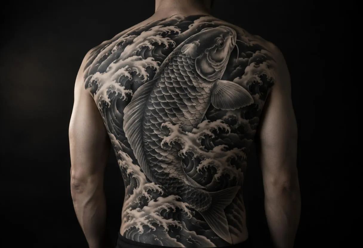 Black and grey Japanese koi and waves back piece tattoo