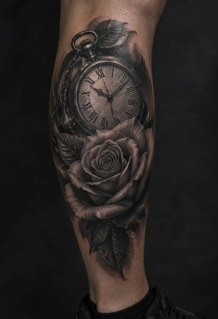 Realistic rose and pocket watch calf tattoo